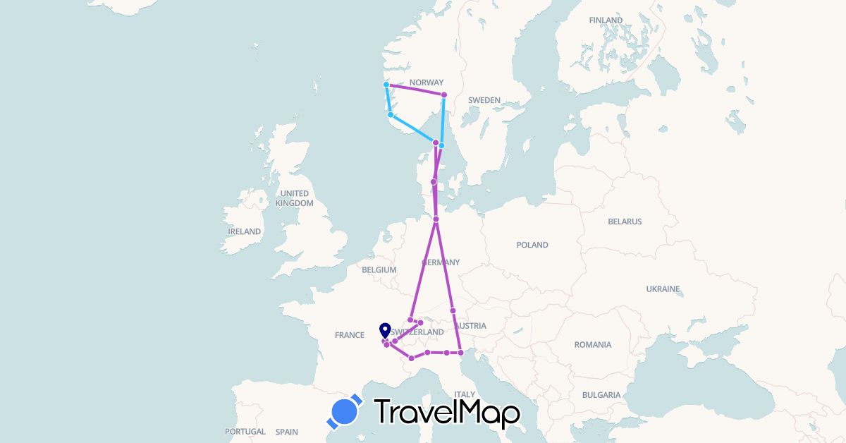 TravelMap itinerary: driving, train, boat in Switzerland, Germany, Denmark, France, Italy, Norway (Europe)